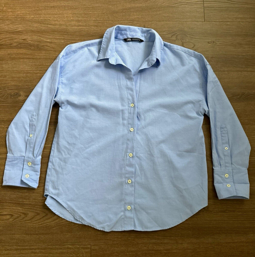 ZARA Women Solid Blue Cotton Shirt Long Sleeve SIZE XS Regular Easy Care